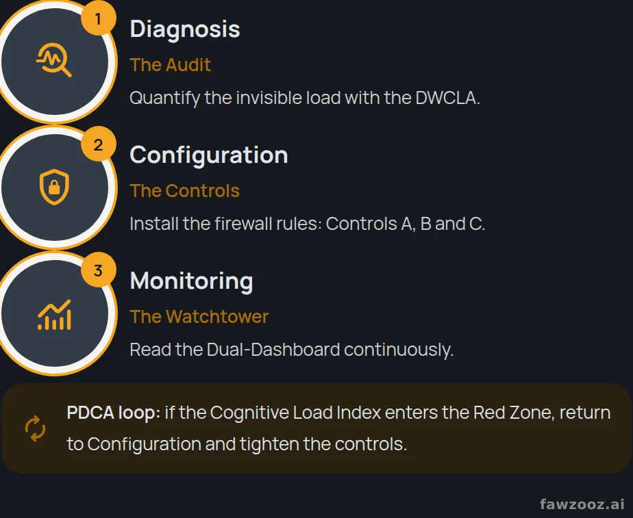 The three-phase implementation roadmap, run as a continuous improvement loop.