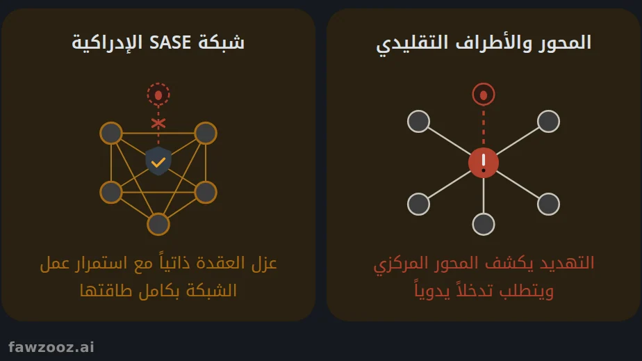 سيناريو اختراق طرفي: الطوبولوجيا المركزية تركّز الانكشاف في المحور، بينما تسحب الشبكة المتشابكة العقدة المتأثرة مع استمرار الاتصال الشامل.