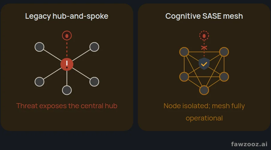 Compromised-edge scenario. A centralized topology concentrates exposure at the hub; the mesh withdraws the affected node while any-to-any reachability persists.