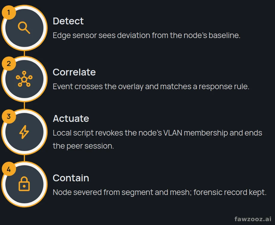 Automated threat isolation workflow, executed end-to-end inside the overlay.