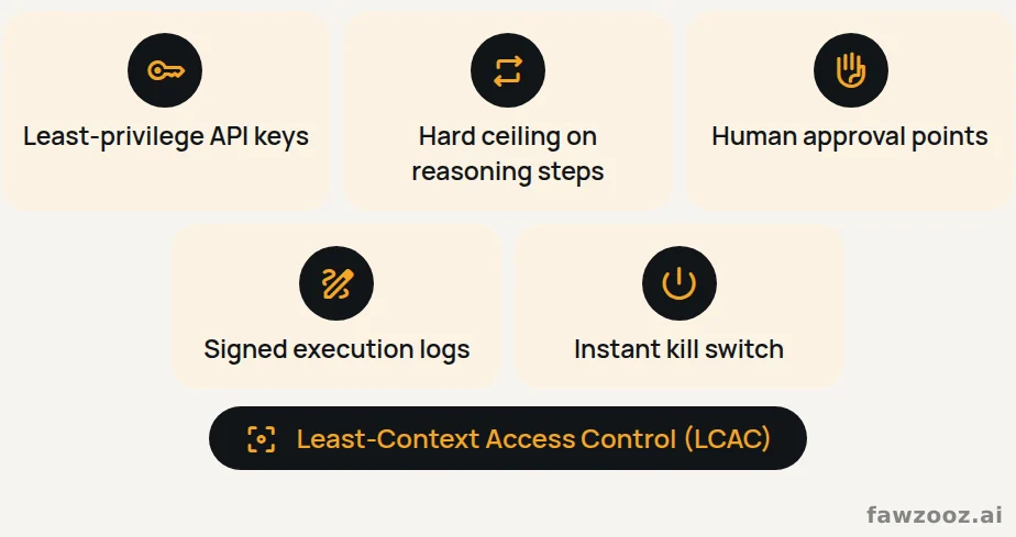 The five constraints of Least-Context Access Control, applied to every agent.