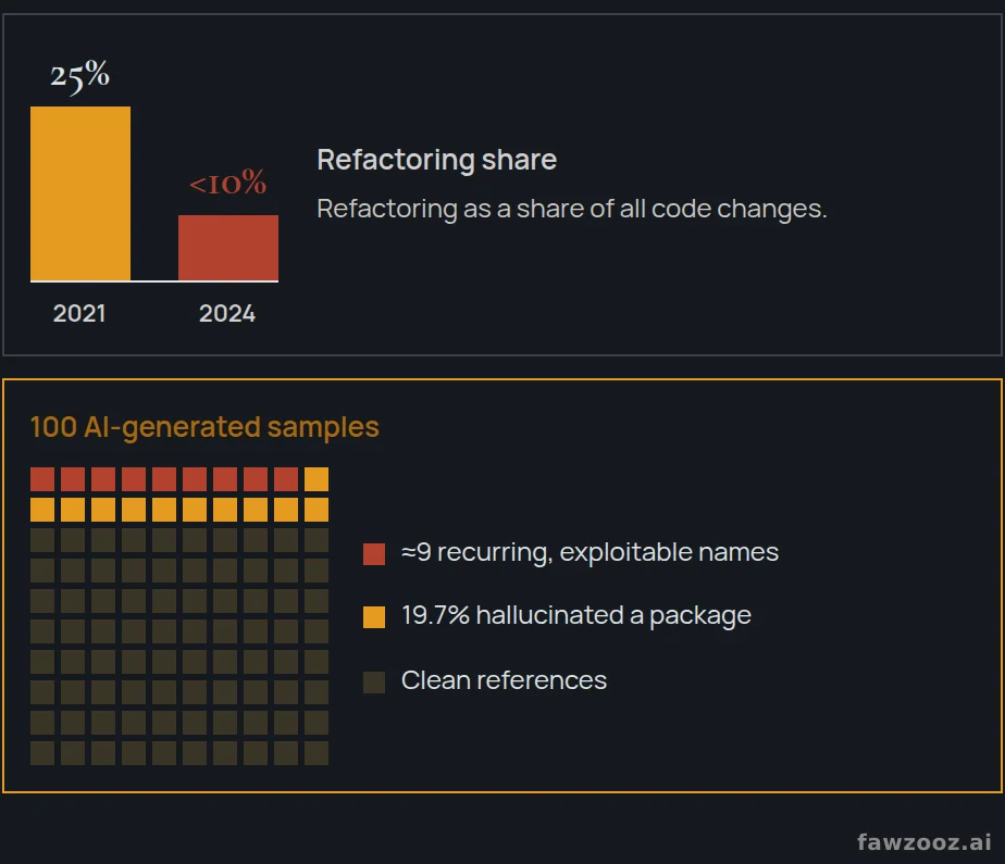 Left: refactoring as a share of all code changes. Right: of every 100 recommended packages, roughly 20 are hallucinated — and about 9 of those names recur predictably.